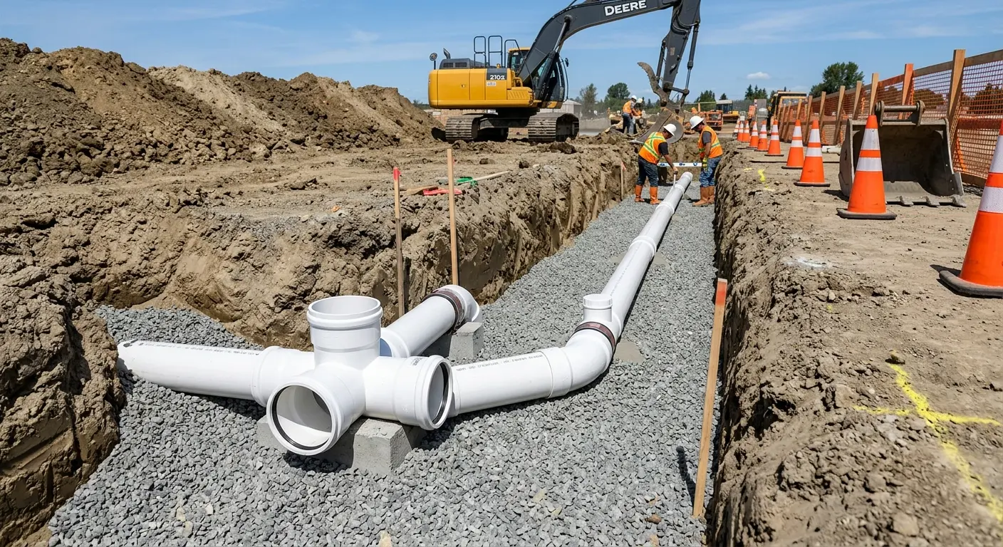 New PVC sewer pipe installation in open trench for Sewer Backup in Albertville
